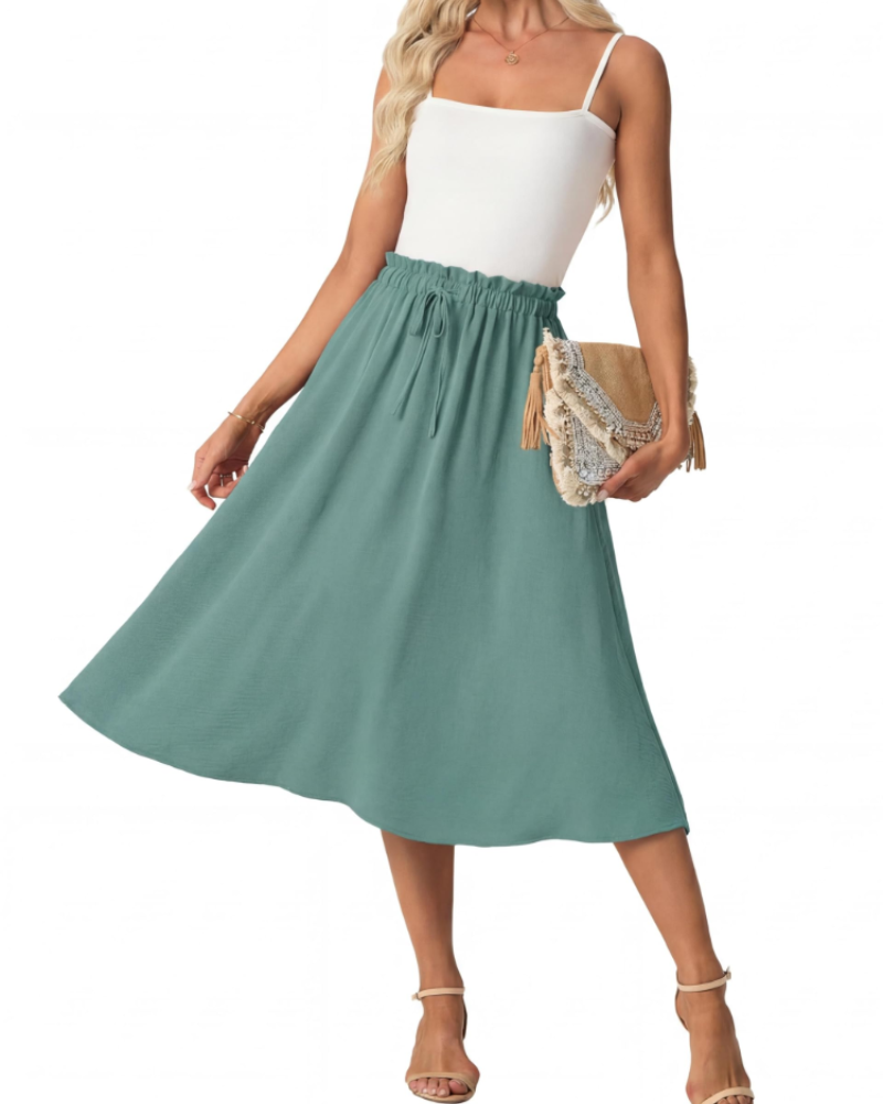 Maya Falda Midi Mujer – Corte A-Line con Cintura Elástica y Cordón Ajustable