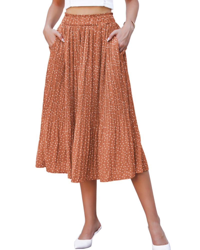 Stella Falda Midi Mujer – Plisada de Gasa con Estampado Lunares y Bolsillos Laterales