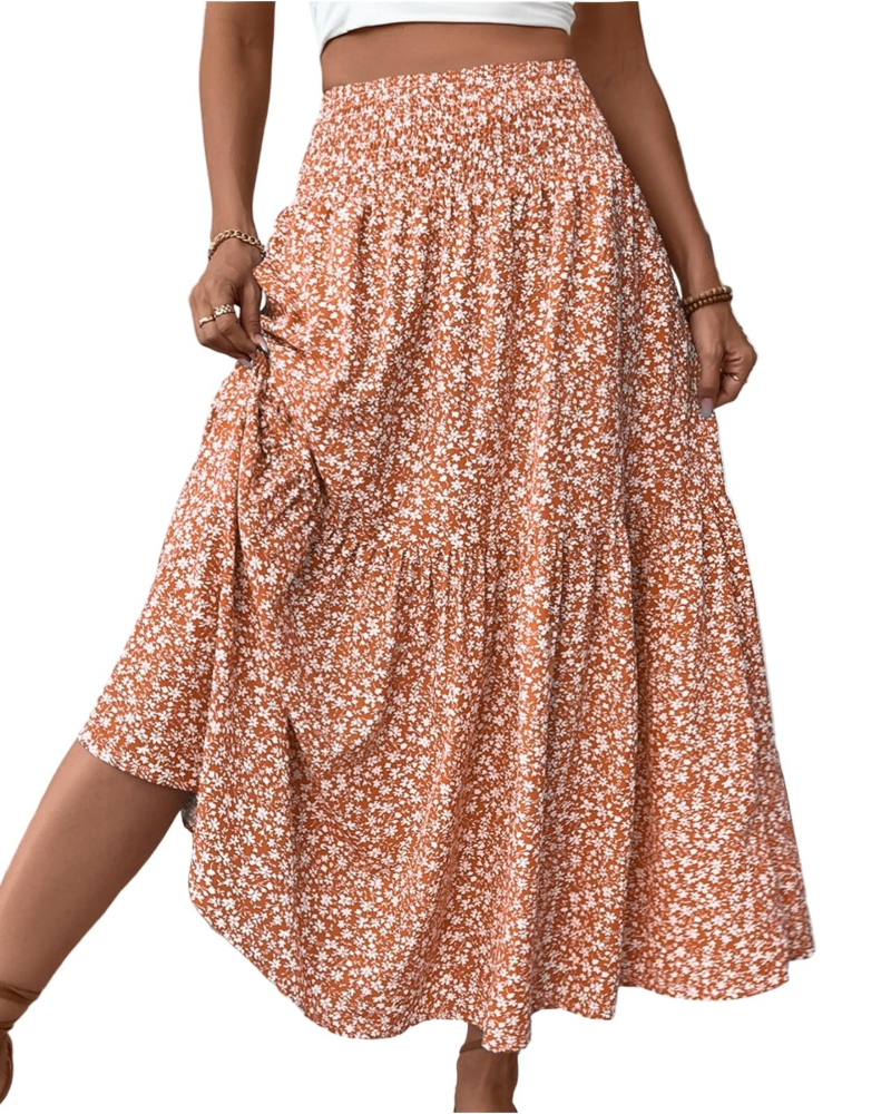 Camila Falda Maxi Mujer – Floral con Cintura Alta Elástica y Bolsillos
