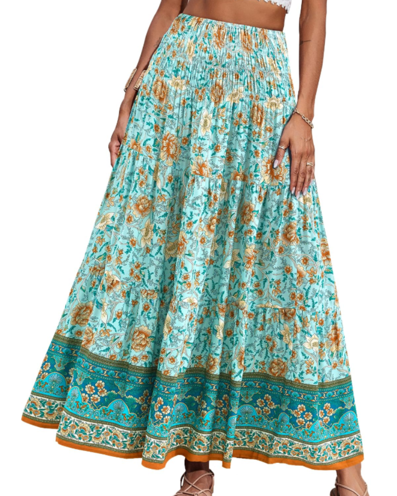 Bianca Falda Maxi Tallas Grandes – Boho Floral, Cintura Elástica y Bajo Plisado