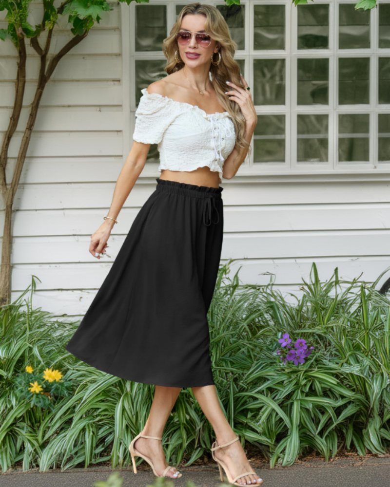 Maya Falda Midi Mujer – Corte A-Line con Cintura Elástica y Cordón Ajustable