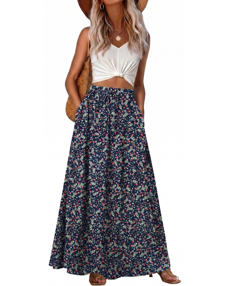 Jade Falda Maxi Mujer – Boho con Cintura Elástica, Cordón y Bolsillos