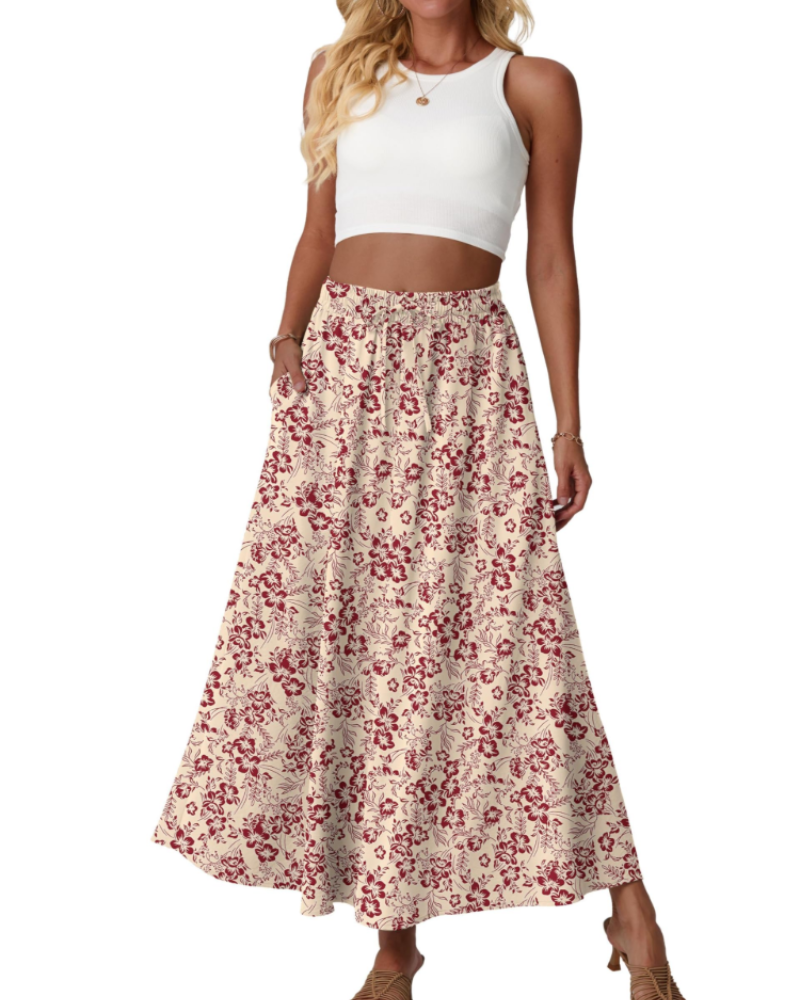 Eleanor Falda Maxi Mujer – Falda Floral A-Line con Cintura Elástica y Bolsillos Laterales