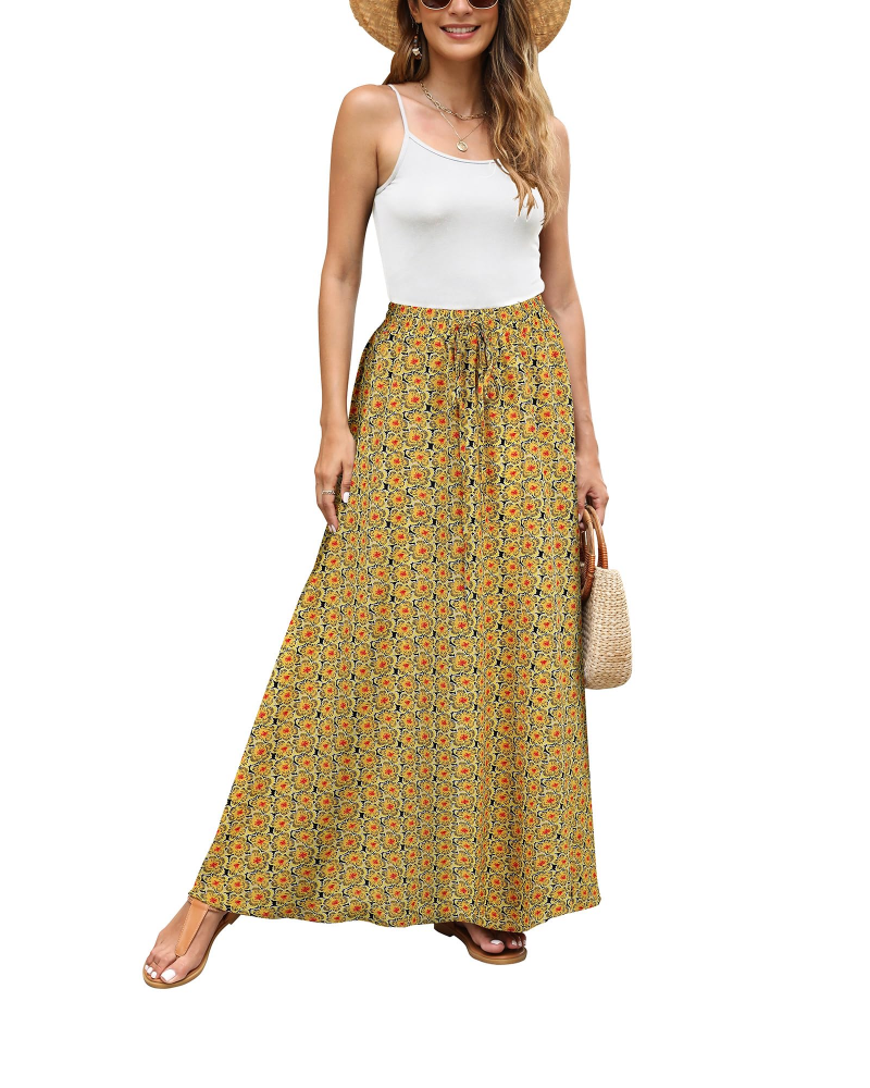 Camila Falda Maxi Mujer – Boho Floral con Cintura Elástica, Cordón Ajustable y A-Line