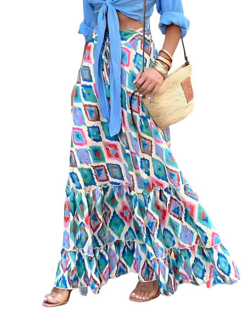Serena Falda Maxi Mujer – Boho Floral, Cintura Elástica y Silueta A-Line con Volantes