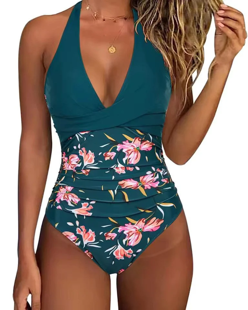 Audrey Monokini Mujer – Push-Up Cruzado, Halter Ajustable y Estampado Tropical