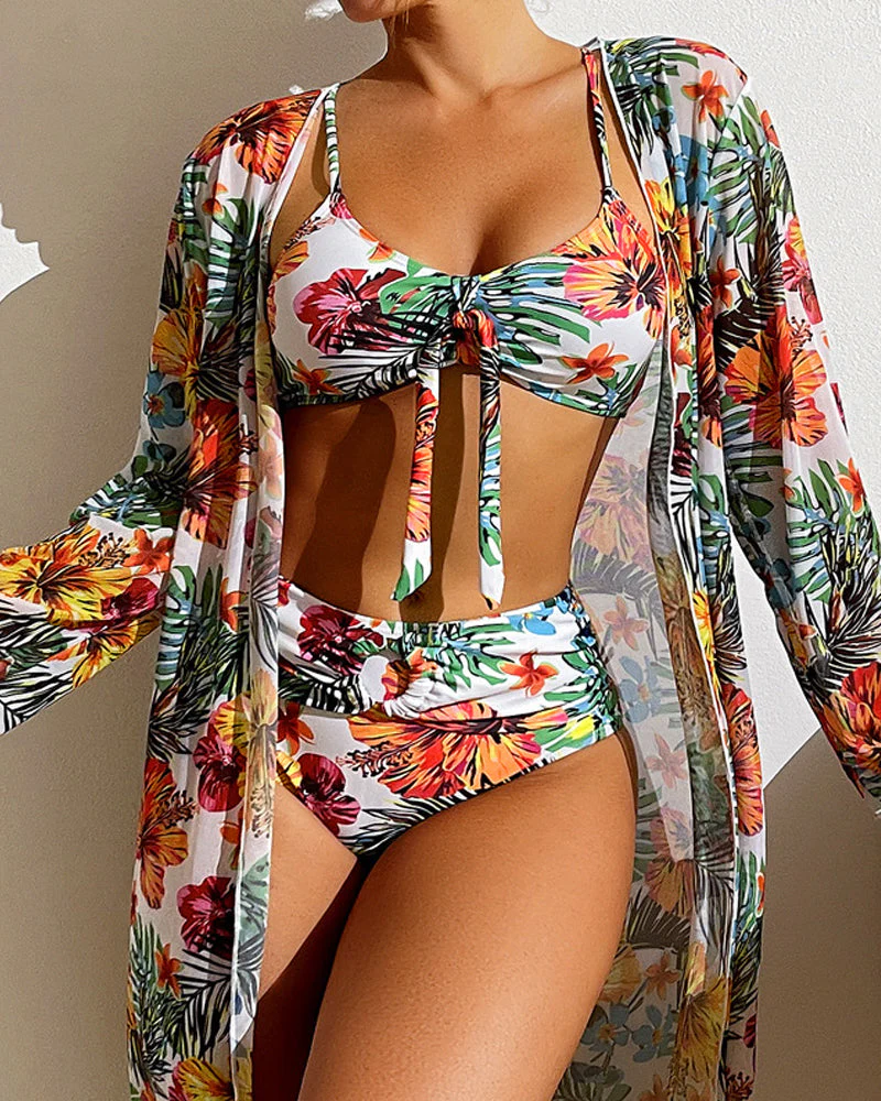Seraphina Bikini 3 Piezas Mujer – Estampado Floral, Talle Alto y Pareo Ligero