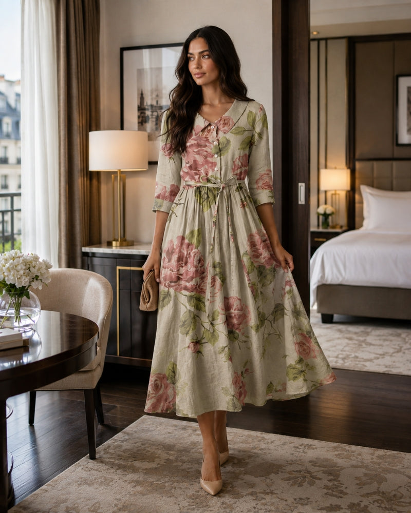Beverly Vestito midi floreale da donna – Cintura regolabile, bottoni e gonna fluida