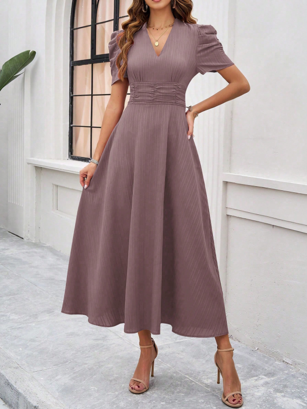 Clara Robe midi élégante pour femme – Robe invitée mariage manches bouffantes