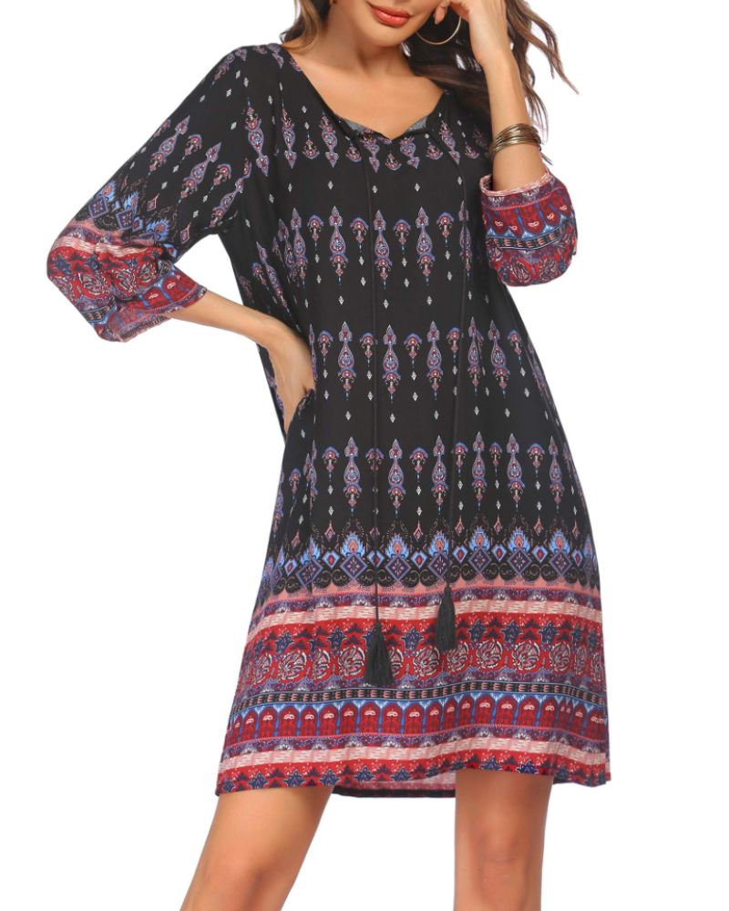 Keira Vestido Túnica Mujer – Viscosa, Cuello en V, Manga 3/4 y Estampado Boho