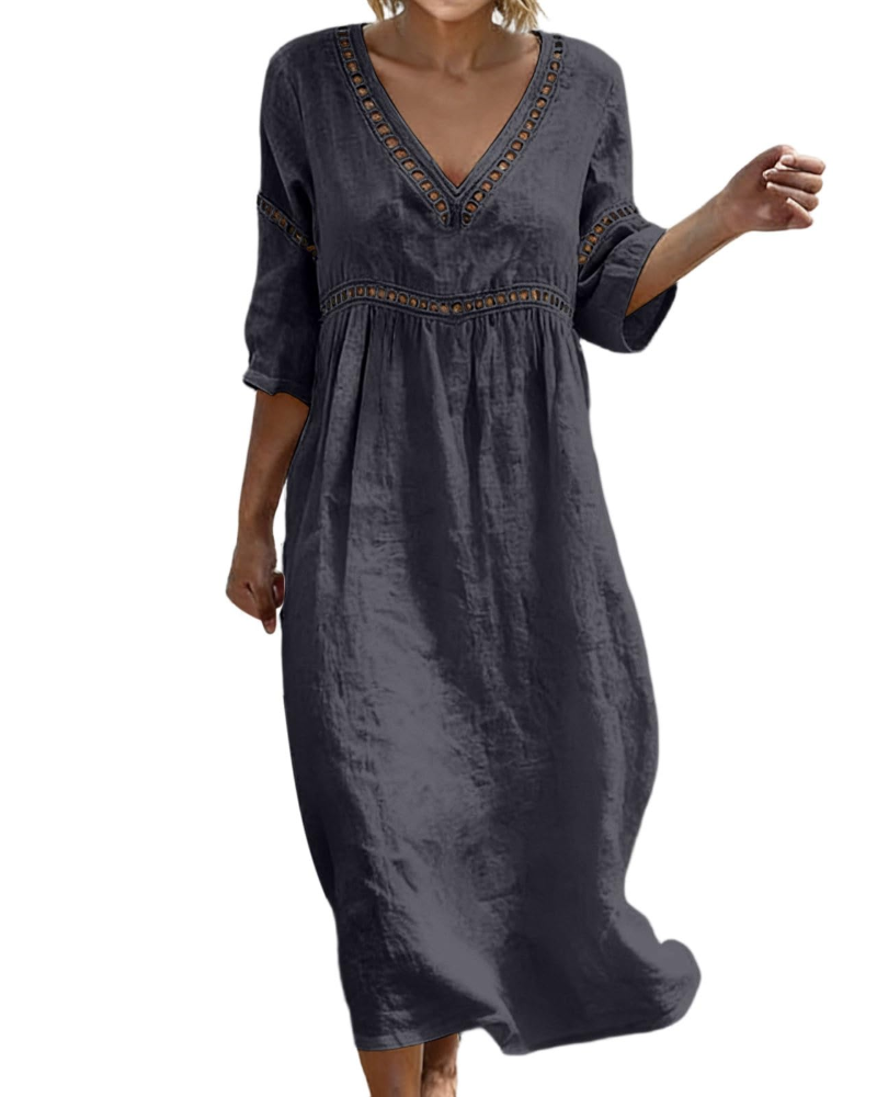 Victoria Vestido Maxi Mujer – Algodón y Lino, Cuello en V y Manga 3/4