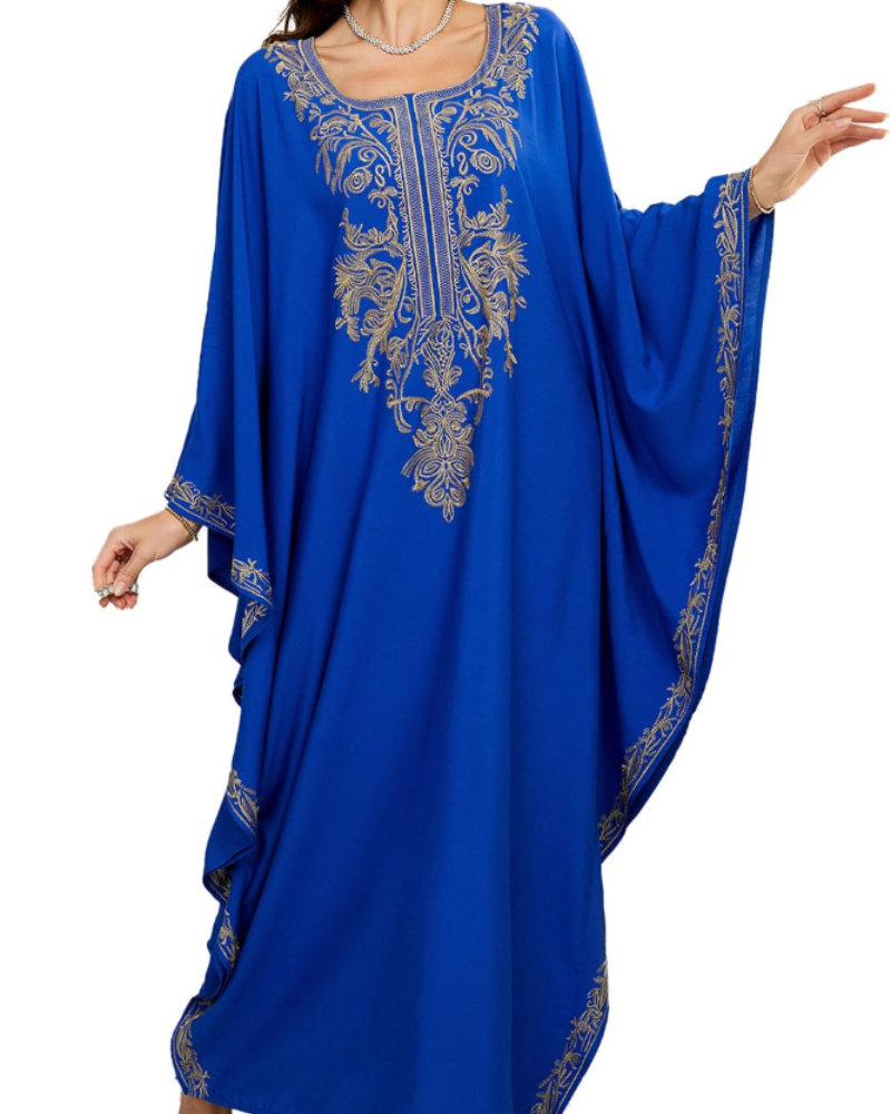 Bianca Vestido Kaftán Mujer – Bordado Floral, Corte Oversize y Tejido Ligero