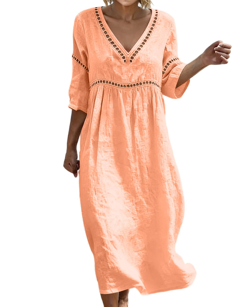 Victoria Vestido Maxi Mujer – Algodón y Lino, Cuello en V y Manga 3/4