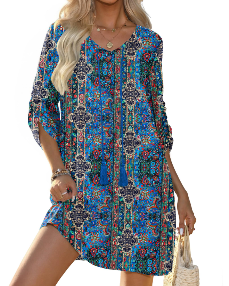 Keira Vestido Túnica Mujer – Viscosa, Cuello en V, Manga 3/4 y Estampado Boho