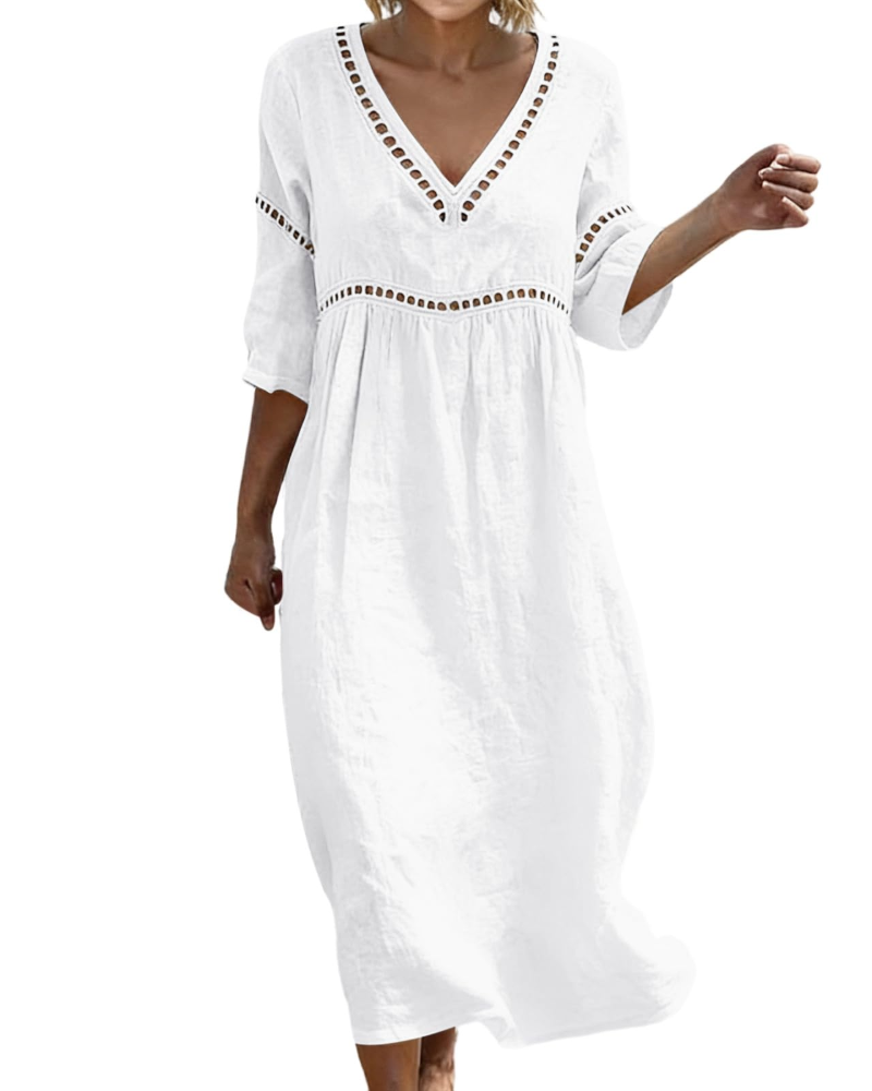 Victoria Vestido Maxi Mujer – Algodón y Lino, Cuello en V y Manga 3/4