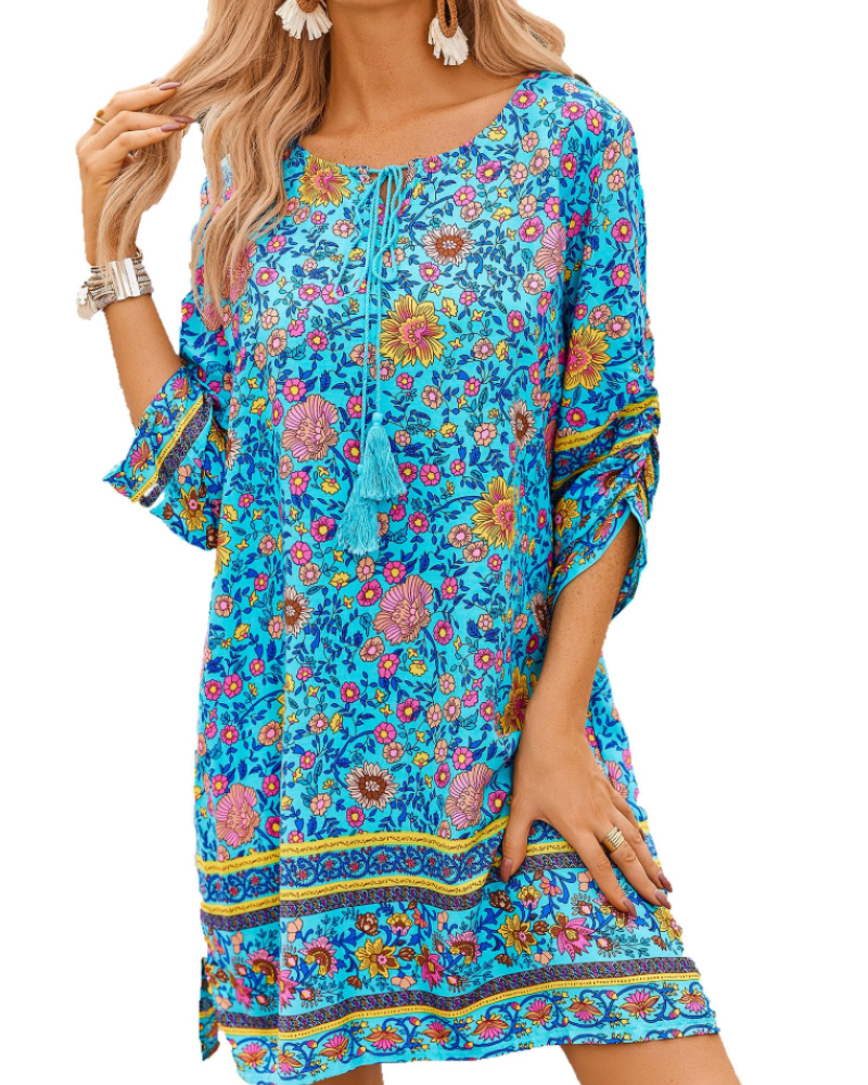 Keira Vestido Túnica Mujer – Viscosa, Cuello en V, Manga 3/4 y Estampado Boho