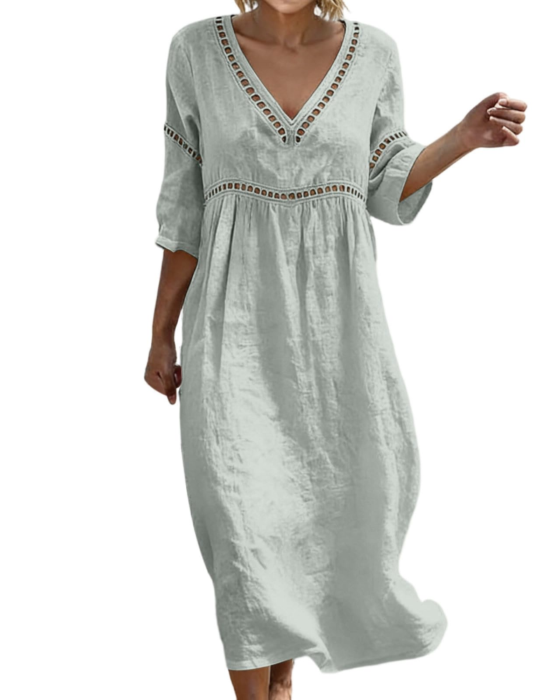 Victoria Vestido Maxi Mujer – Algodón y Lino, Cuello en V y Manga 3/4