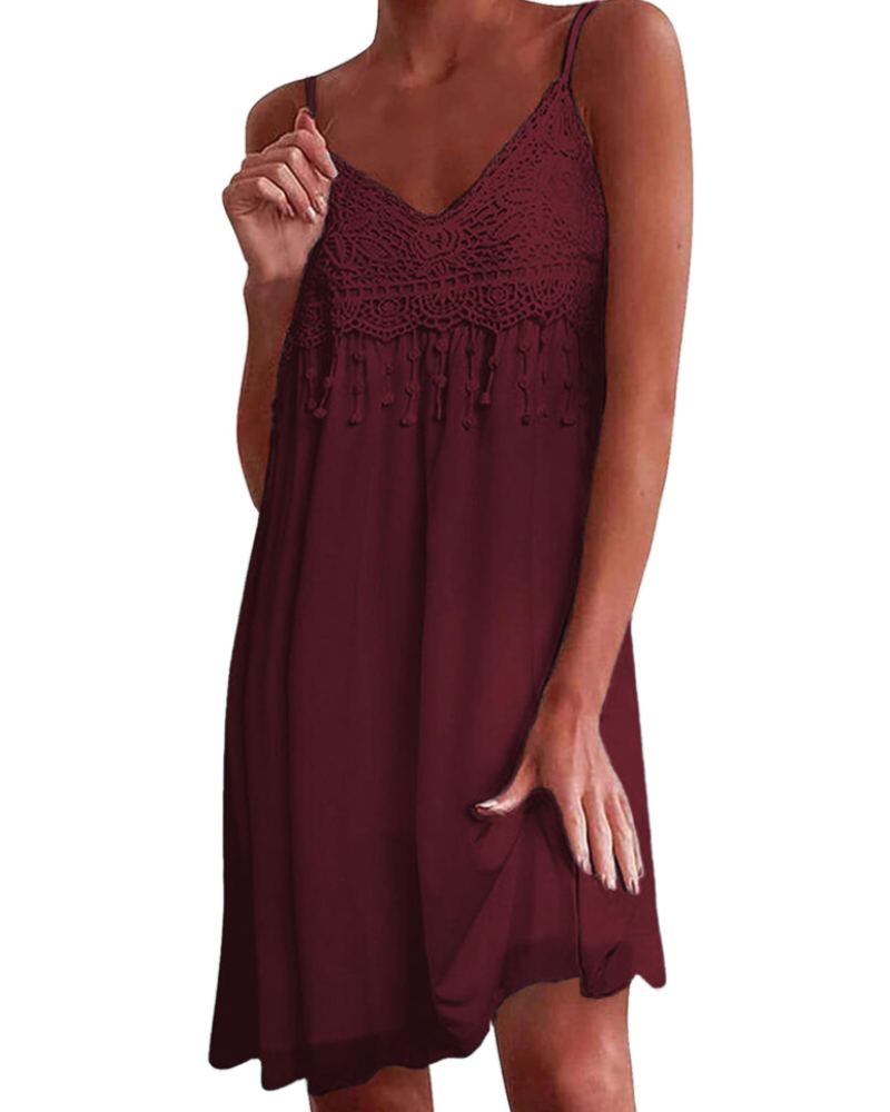 Lydia Vestido Mini Mujer – Tirantes Ajustables, Cuello en V, Encaje y Flecos