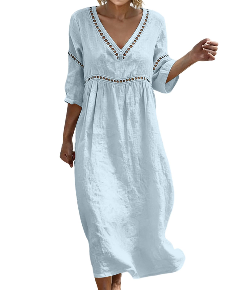 Victoria Vestido Maxi Mujer – Algodón y Lino, Cuello en V y Manga 3/4