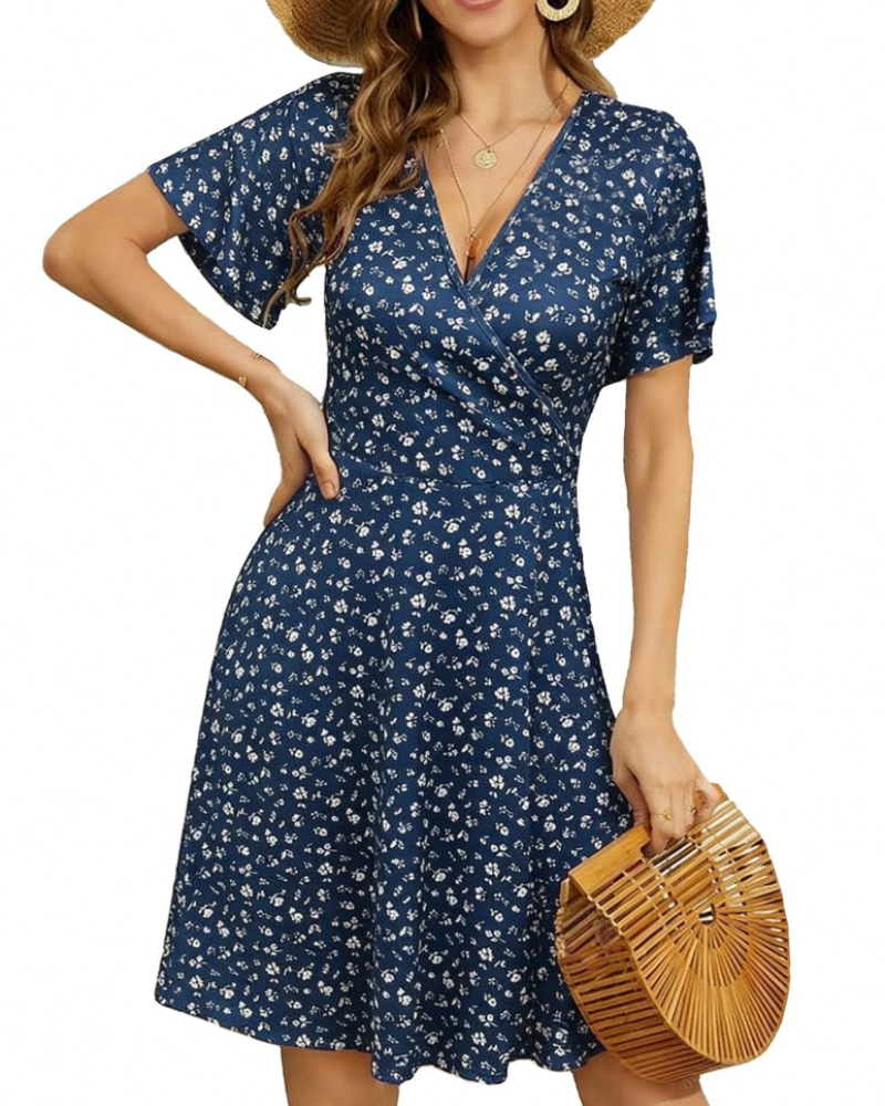 Rosalie Vestido Midi Cruzado Mujer – Estampado Floral, Cuello en V y Mangas Volantes