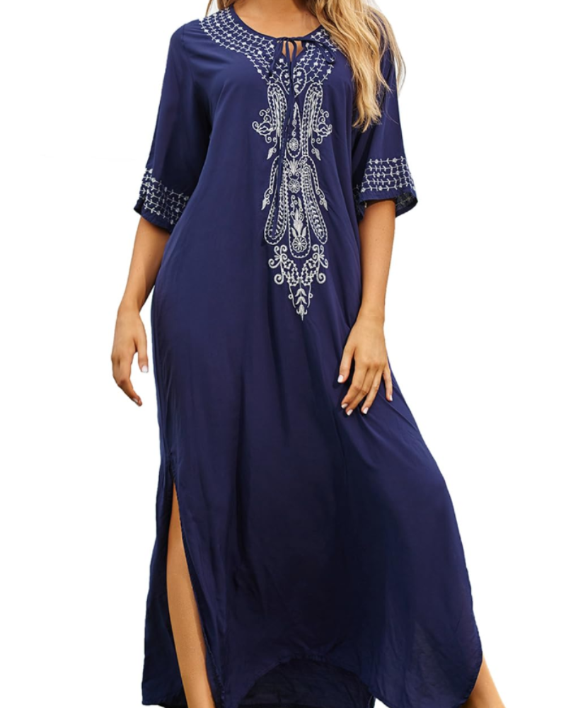 Serena Kaftán Playa Mujer – Bordado Boho, Corte Oversize y Tejido Ligero