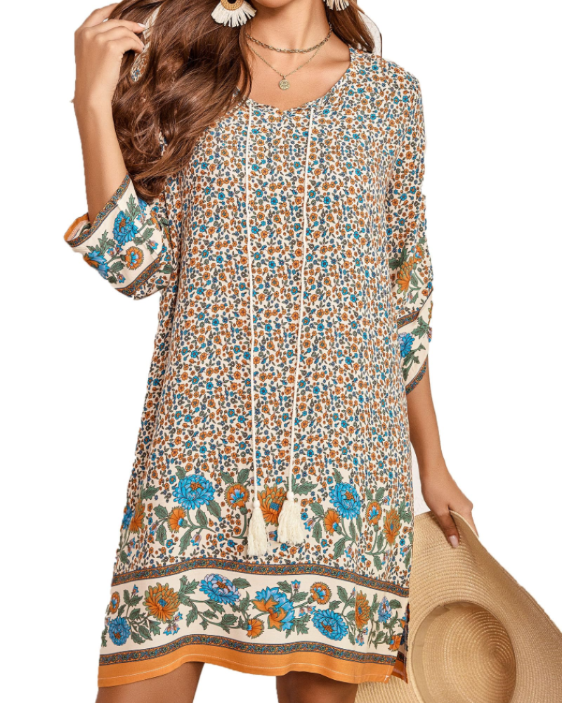 Keira Vestido Túnica Mujer – Viscosa, Cuello en V, Manga 3/4 y Estampado Boho