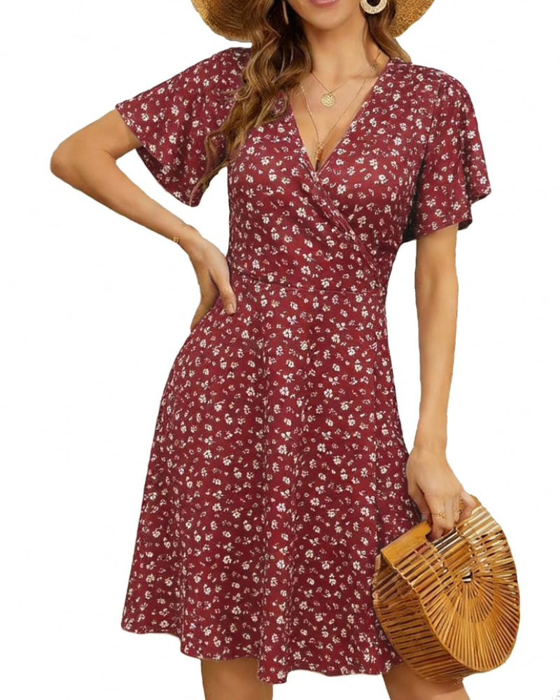 Rosalie Vestido Midi Cruzado Mujer – Estampado Floral, Cuello en V y Mangas Volantes