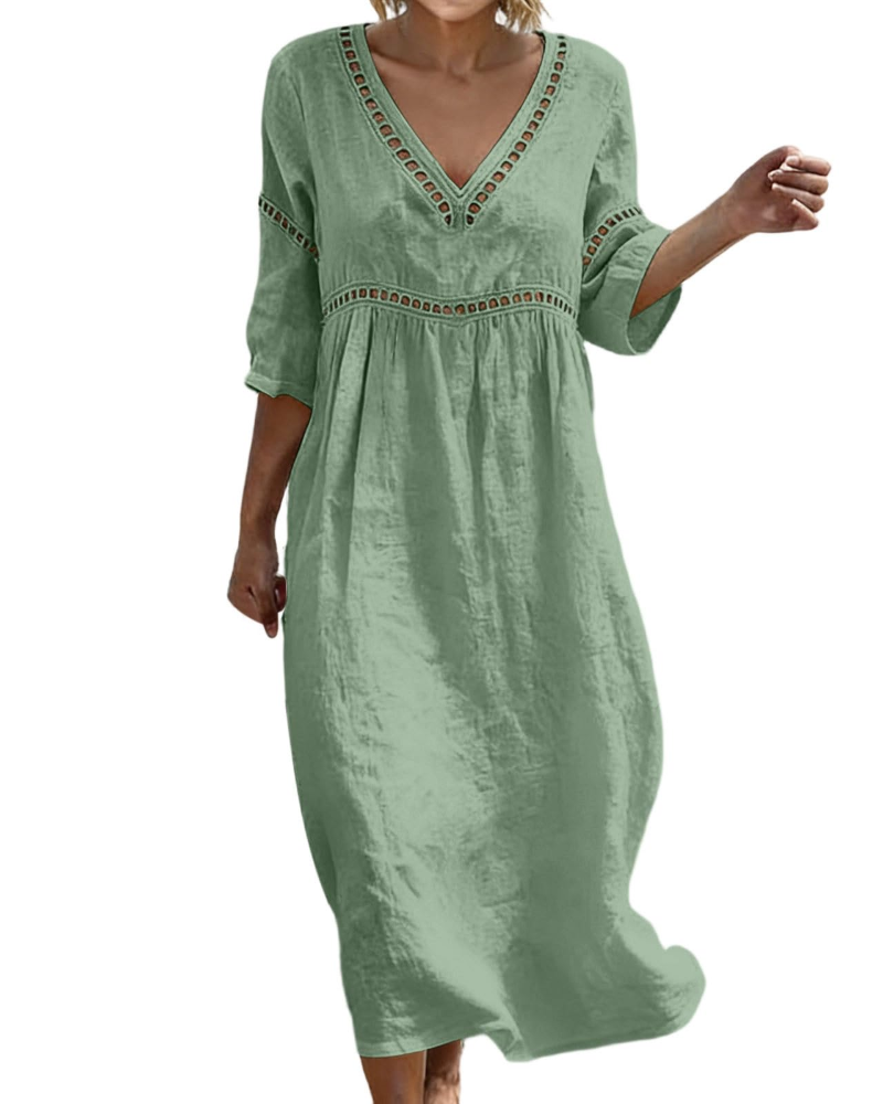 Victoria Vestido Maxi Mujer – Algodón y Lino, Cuello en V y Manga 3/4
