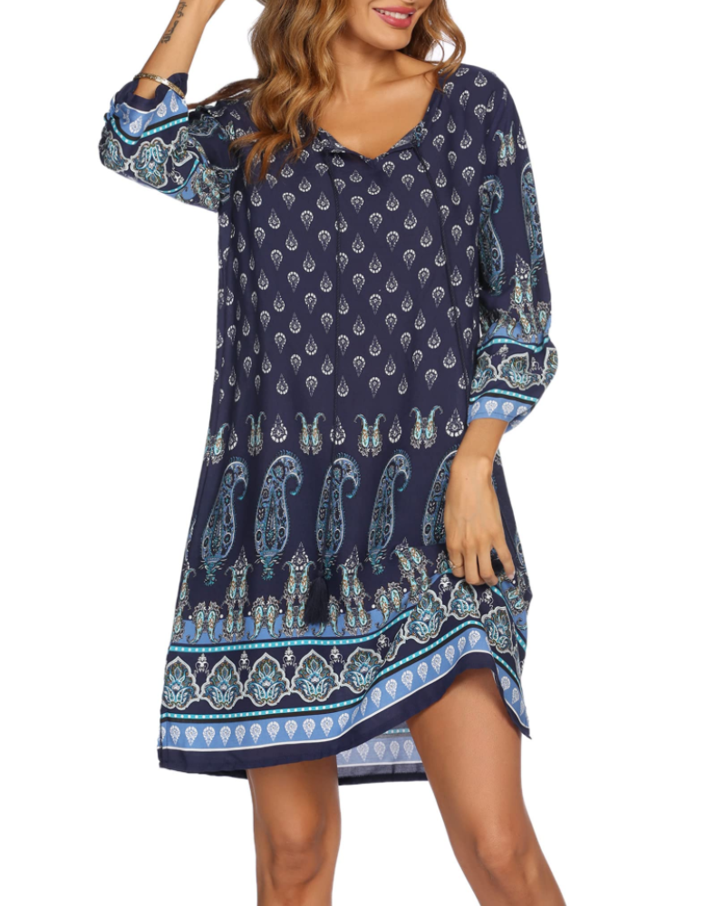 Keira Vestido Túnica Mujer – Viscosa, Cuello en V, Manga 3/4 y Estampado Boho
