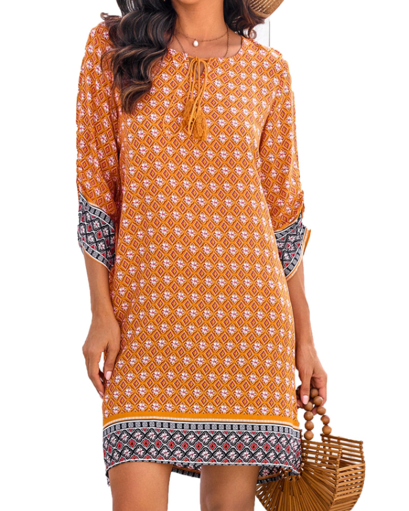 Keira Vestido Túnica Mujer – Viscosa, Cuello en V, Manga 3/4 y Estampado Boho