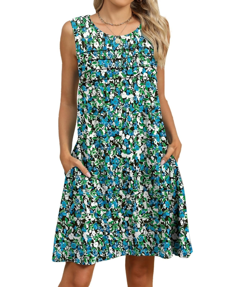 Avery Vestido Midi Floral Mujer – Corte A, Sin Mangas, Pliegues y Bolsillos