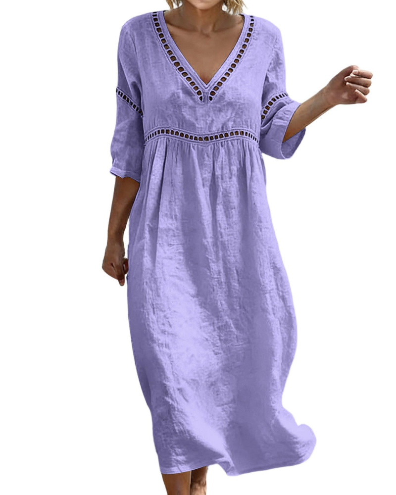 Victoria Vestido Maxi Mujer – Algodón y Lino, Cuello en V y Manga 3/4