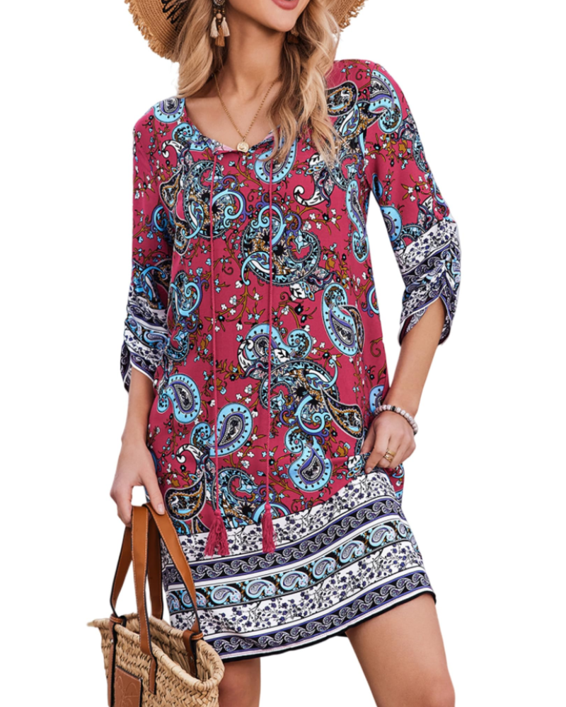 Keira Vestido Túnica Mujer – Viscosa, Cuello en V, Manga 3/4 y Estampado Boho
