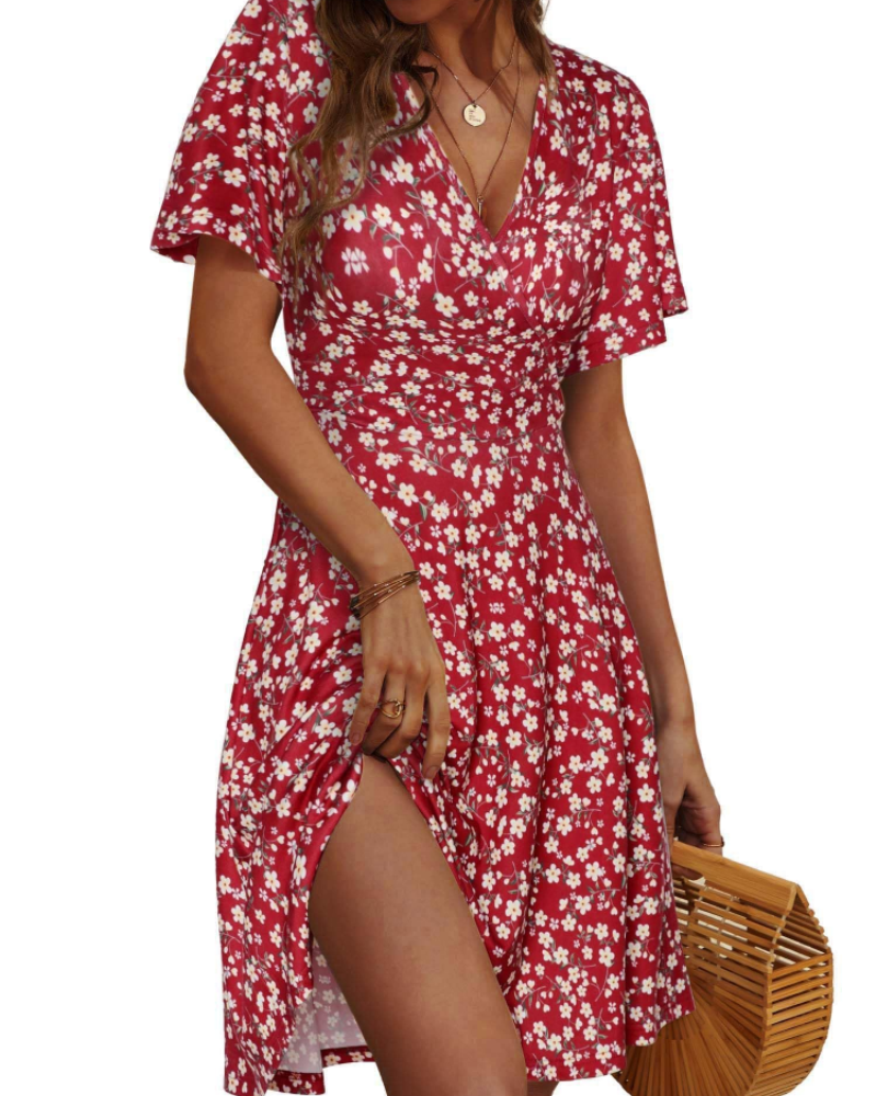 Rosalie Vestido Midi Cruzado Mujer – Estampado Floral, Cuello en V y Mangas Volantes