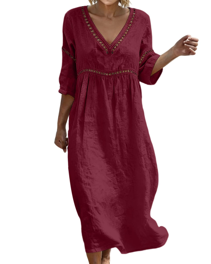 Victoria Vestido Maxi Mujer – Algodón y Lino, Cuello en V y Manga 3/4