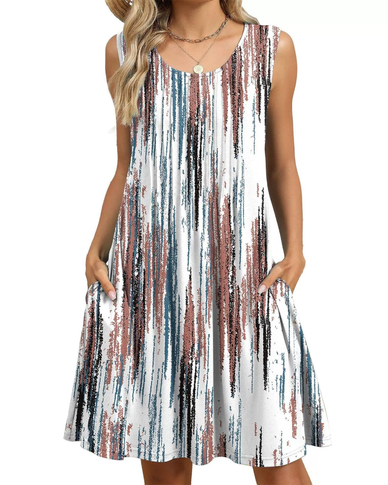 Avery Vestido Midi Floral Mujer – Corte A, Sin Mangas, Pliegues y Bolsillos