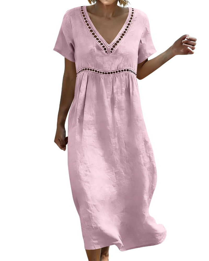 Victoria Vestido Maxi Mujer – Algodón y Lino, Cuello en V y Manga 3/4