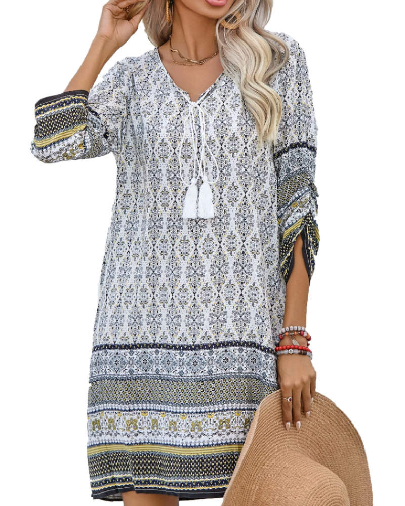 Keira Vestido Túnica Mujer – Viscosa, Cuello en V, Manga 3/4 y Estampado Boho