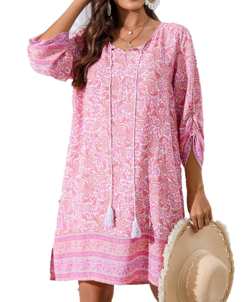 Keira Vestido Túnica Mujer – Viscosa, Cuello en V, Manga 3/4 y Estampado Boho