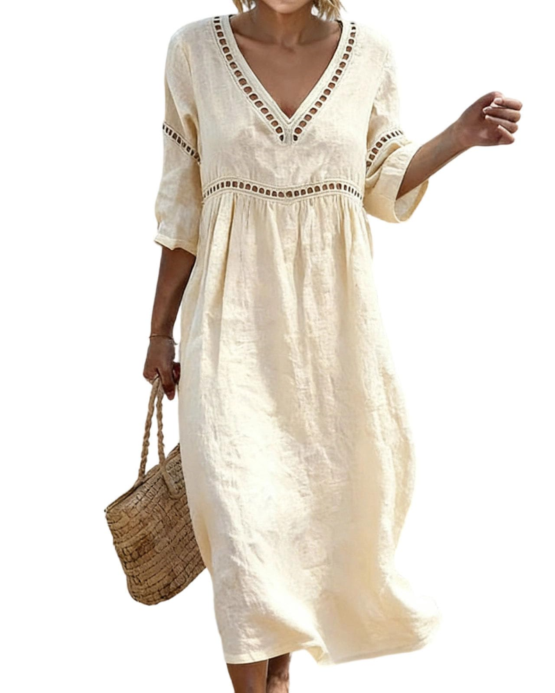 Victoria Vestido Maxi Mujer – Algodón y Lino, Cuello en V y Manga 3/4