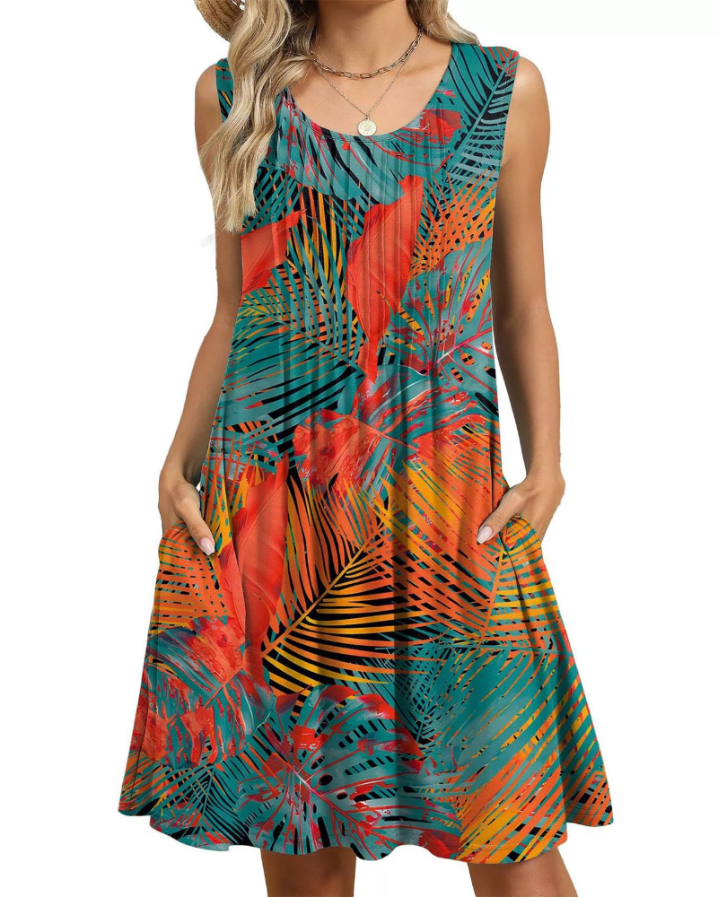 Avery Vestido Midi Floral Mujer – Corte A, Sin Mangas, Pliegues y Bolsillos