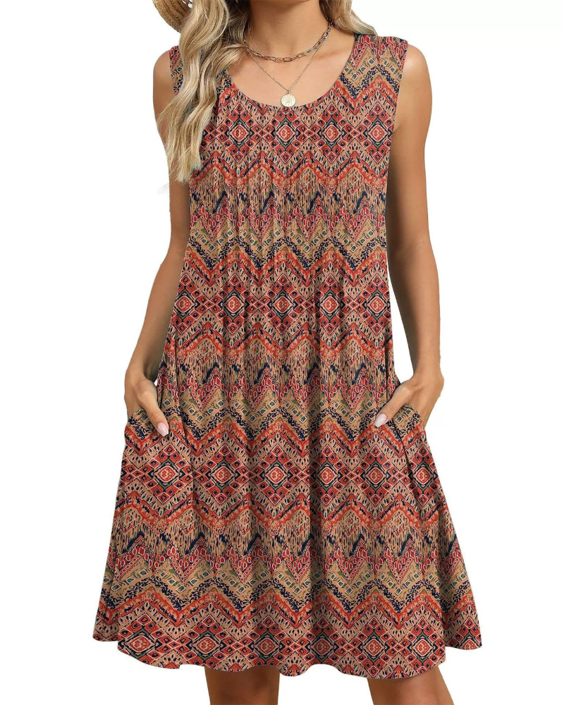 Avery Vestido Midi Floral Mujer – Corte A, Sin Mangas, Pliegues y Bolsillos