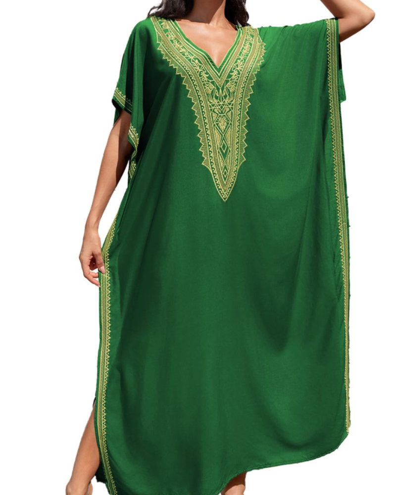 Bianca Vestido Kaftán Mujer – Bordado Floral, Corte Oversize y Tejido Ligero