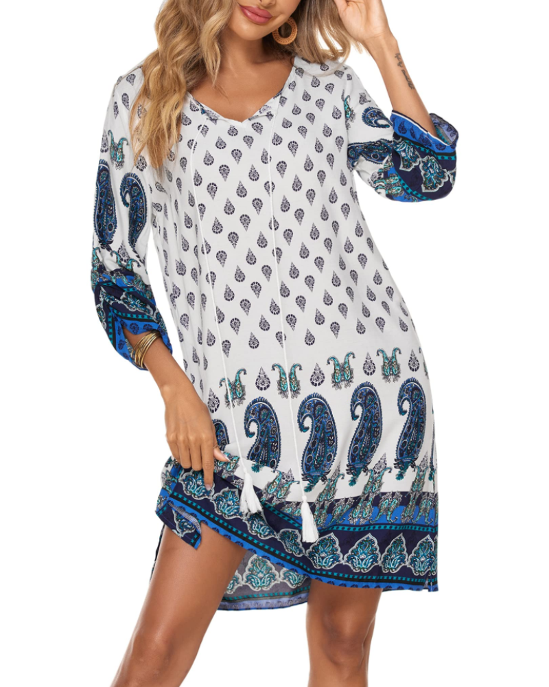 Keira Vestido Túnica Mujer – Viscosa, Cuello en V, Manga 3/4 y Estampado Boho