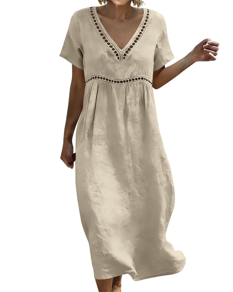 Victoria Vestido Maxi Mujer – Algodón y Lino, Cuello en V y Manga 3/4