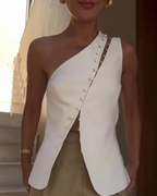 Kendall Top Asimétrico Mujer – Un Hombro, Botones Decorativos y Corte Entallado