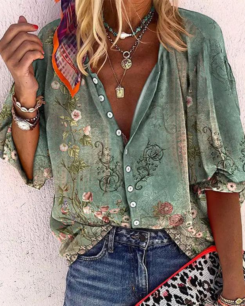 Rosamund Blusa Floral Mujer – Cierre de Botones, Media Manga y Estilo Casual Chic