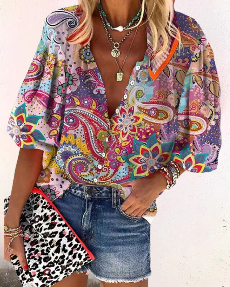 Rosamund Blusa Floral Mujer – Cierre de Botones, Media Manga y Estilo Casual Chic