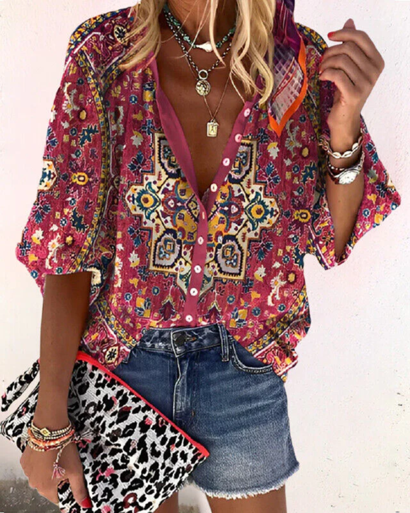 Rosamund Blusa Floral Mujer – Cierre de Botones, Media Manga y Estilo Casual Chic