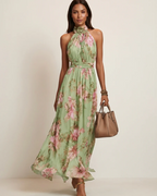 Sophie Women’s Floral Maxi Halter Dress – Halter Neckline, Defined Waist, and Flowing Fit